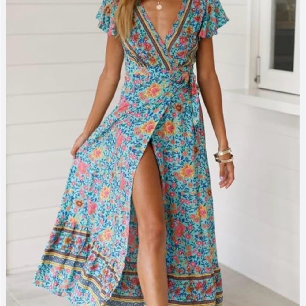 Turquoise Floral Maxi Wrap Dress - Brand: - Picture 2 of 4